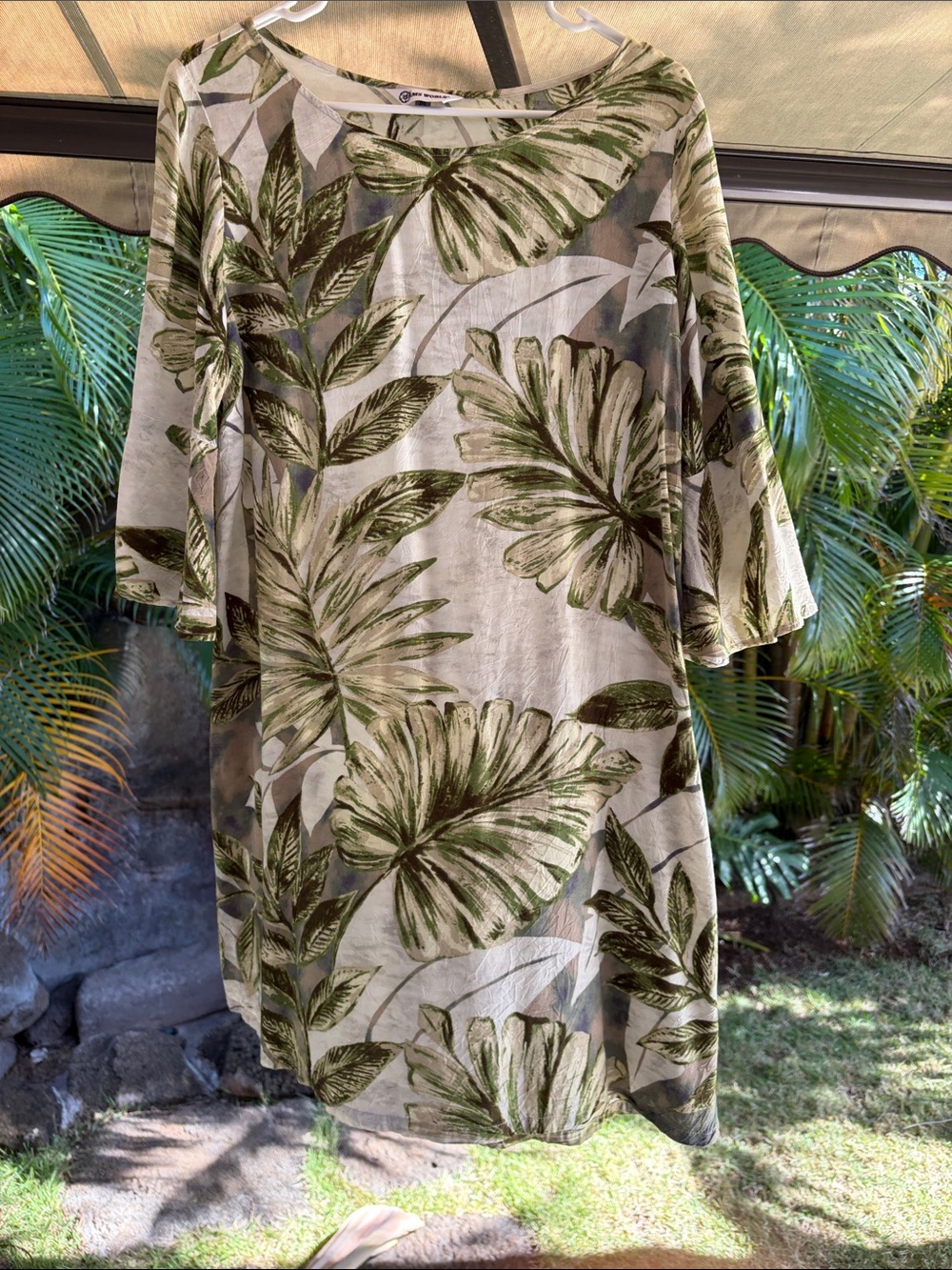 Jams World Olive Green Leaf-Print Long Sleeve Shift Dress